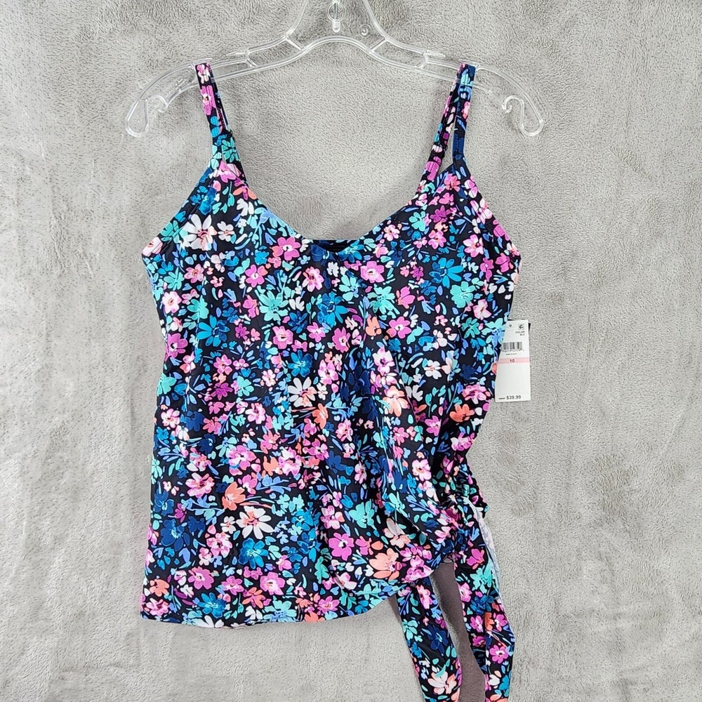 Island Escape Floral Tankini Top Siesta Key Full Bust Underwire Swimsuit Size 10
